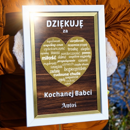 Prezent dla Babci i Dziadka Obraz 3D Złote Serce Biała Ramka