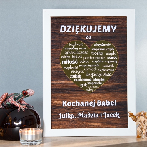 Prezent dla Babci i Dziadka Obraz 3D Złote Serce Biała Ramka