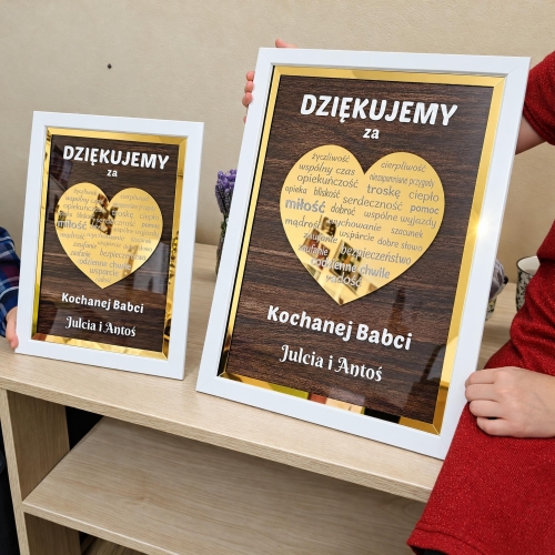 Prezent dla Babci i Dziadka Obraz 3D Złote Serce Biała Ramka
