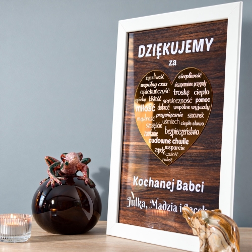Prezent dla Babci i Dziadka Obraz 3D Złote Serce Biała Ramka