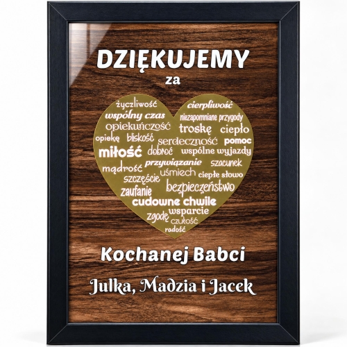 Prezent dla Babci i Dziadka Obraz 3D Złote Serce z Dedykacją