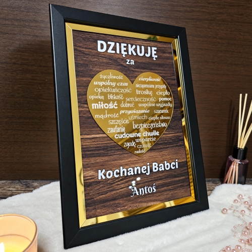 Prezent dla Babci i Dziadka Obraz 3D Złote Serce z Dedykacją