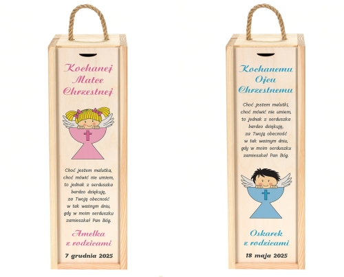 SKRZYNKA NA WINO 2 szt podziękowania dla chrzestnych nadruk