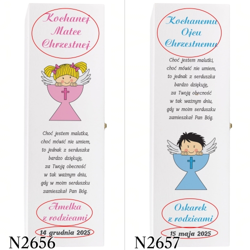 Zestaw 2 szt SKRZYNKA NA WINO podziękowania dla chrzestnych