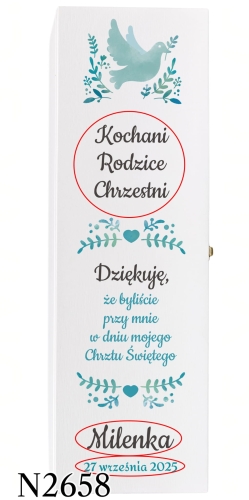 Biała skrzynka na wino PODZIĘKOWANIA NA CHRZEST nadruk 