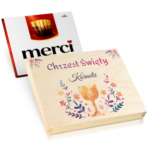 PUDEŁKO Z CZEKOLADKAMI merci prezent na chrzest nadruk