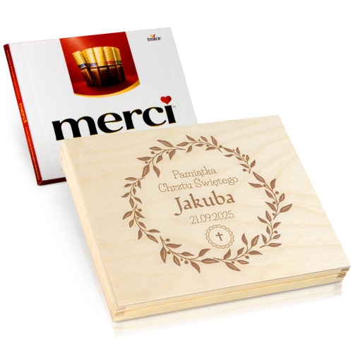 Pudełko na merci z czekoladkami PREZENT NA CHRZCINY grawer