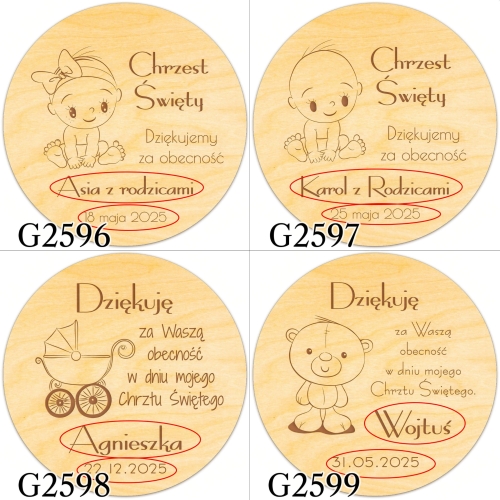 Magnes koło PODZIĘKOWANIA dla gości NA CHRZEST grawer