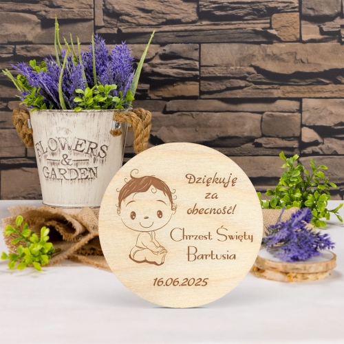 Magnes koło PODZIĘKOWANIA dla gości NA CHRZEST grawer