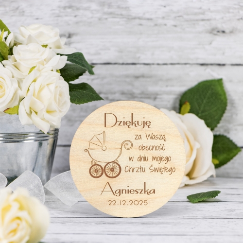 Magnes koło PODZIĘKOWANIA dla gości NA CHRZEST grawer
