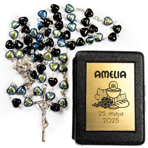 Różaniec czarny hematyt PIERWSZA KOMUNIA ŚWIĘTA grawer