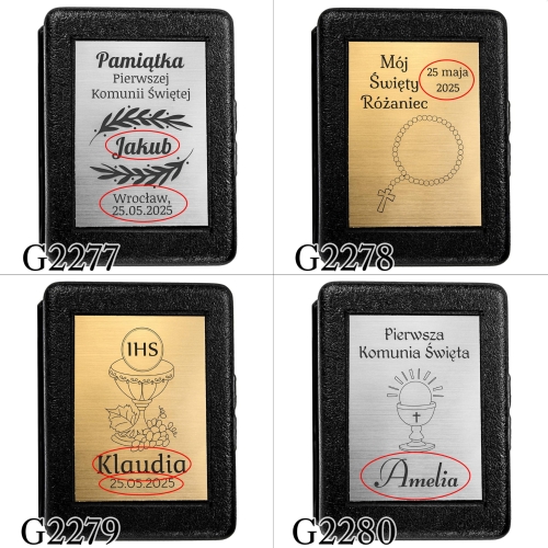 Różaniec czarny hematyt PIERWSZA KOMUNIA ŚWIĘTA grawer