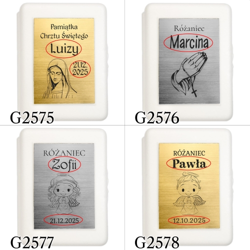 Różaniec biały perłowy PREZENT NA CHRZCINY grawer