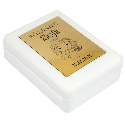 Różaniec biały perłowy PREZENT NA CHRZCINY grawer