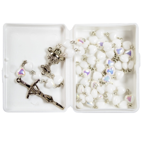 Różaniec biały perłowy PREZENT NA CHRZCINY grawer