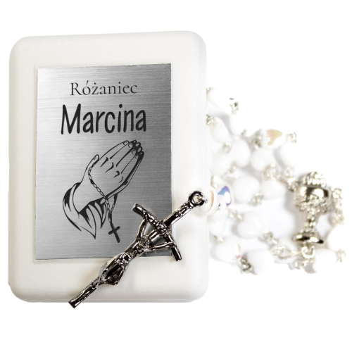 Różaniec biały perłowy PREZENT NA CHRZCINY grawer