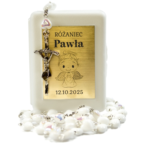 Różaniec biały perłowy PREZENT NA CHRZCINY grawer