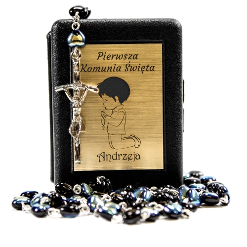 Różaniec czarny hematyt PIERWSZA KOMUNIA ŚWIĘTA grawer