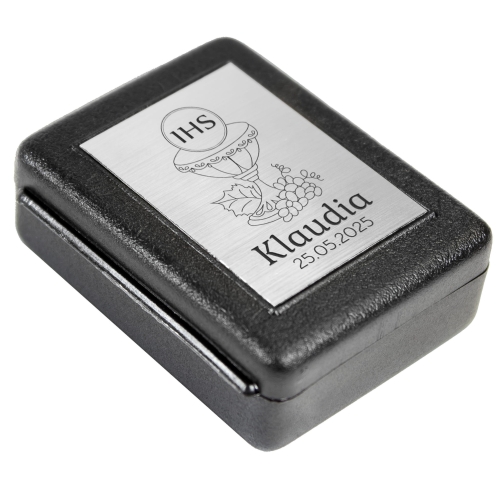 Różaniec czarny hematyt PIERWSZA KOMUNIA ŚWIĘTA grawer