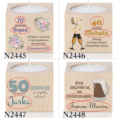 ŚWIECZNIK upominki na urodziny dla gości nadruk