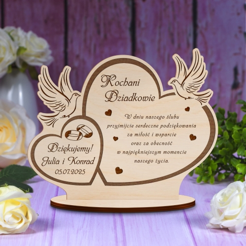 DREWNIANA STATUETKA gołąbki podziękowania dla świadków wesele