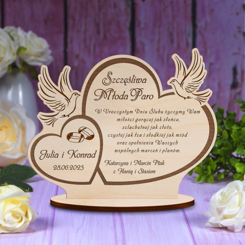 Drewniana kartka z życzeniami PREZENT DLA NOWOŻEŃCÓW grawer