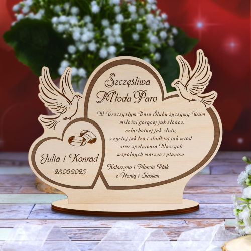 Drewniana kartka z życzeniami PREZENT DLA NOWOŻEŃCÓW grawer