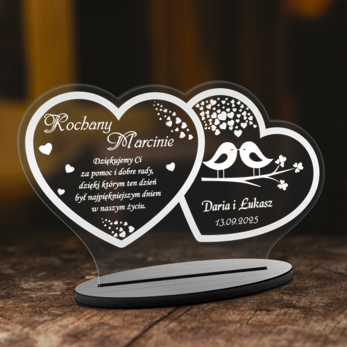 Statuetka szkło akrylowe dwa serca PODZIĘKOWANIA DLA RODZICÓW