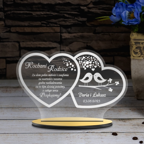 Statuetka szkło akrylowe dwa serca PODZIĘKOWANIA DLA RODZICÓW