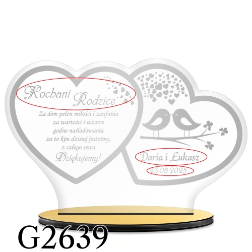 Statuetka szkło akrylowe dwa serca PODZIĘKOWANIA DLA RODZICÓW