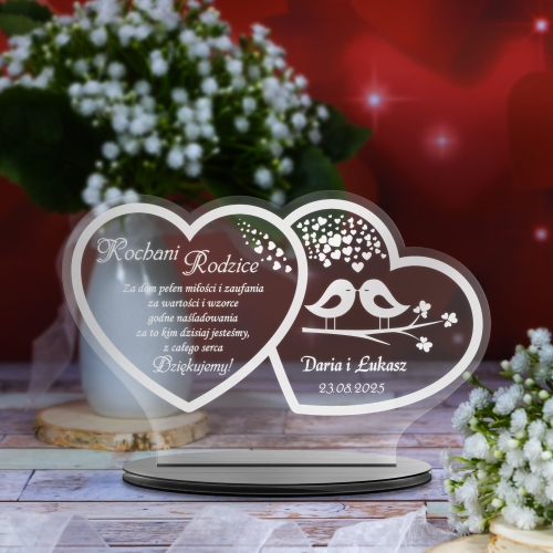 Statuetka szkło akrylowe dwa serca PODZIĘKOWANIA DLA RODZICÓW