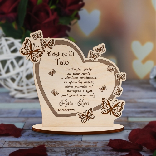 STATUETKA DREWNIANA serce Z MOTYLKAMI podziękowanie na wesele ślub dla mamy taty grawer