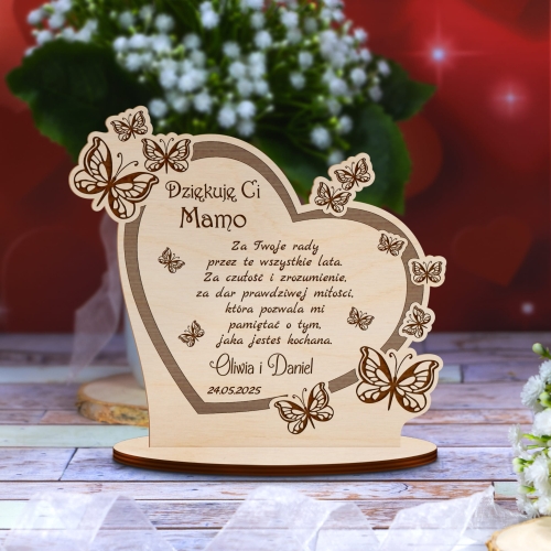 STATUETKA DREWNIANA serce Z MOTYLKAMI podziękowanie na wesele ślub dla mamy taty grawer
