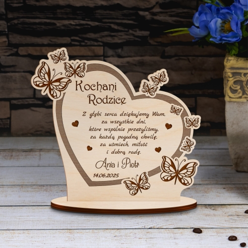 STATUETKA DREWNIANA serce Z MOTYLKAMI podziękowanie na wesele ślub dla mamy taty grawer