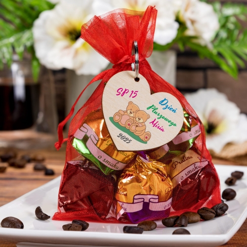 BRELOCZEK SERCE zestaw z cukierkami DZIEŃ PLUSZOWEGO MISIA nadruk