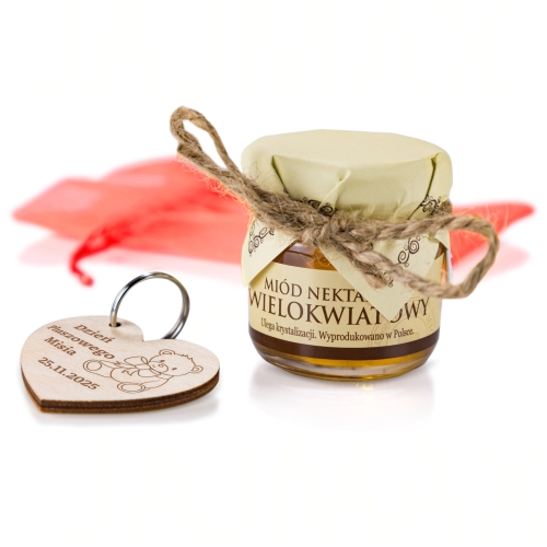 SŁODKI ZESTAW na Dzień Pluszowego Misia brelok i miodzik grawer