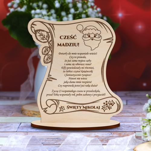 Drewniana statuetka NA MIKOŁAJKI list od Świętego Mikołaja grawer