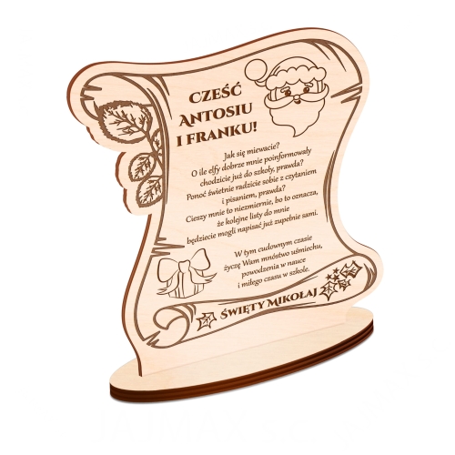 Drewniana statuetka NA MIKOŁAJKI list od Świętego Mikołaja grawer