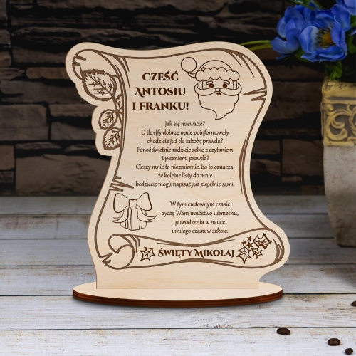 Drewniana statuetka NA MIKOŁAJKI list od Świętego Mikołaja grawer