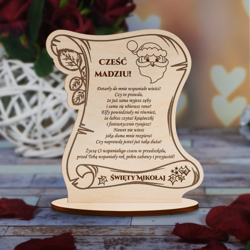 Drewniana statuetka NA MIKOŁAJKI list od Świętego Mikołaja grawer