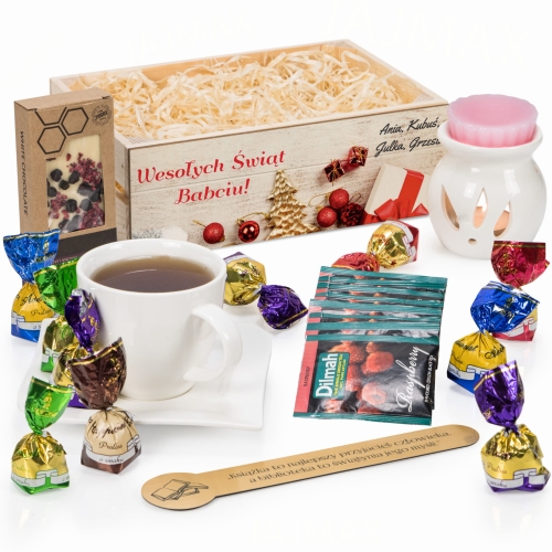Skrzyneczka drewniana ZESTAW PREZENTOWY NA ŚWIĘTA nadruk