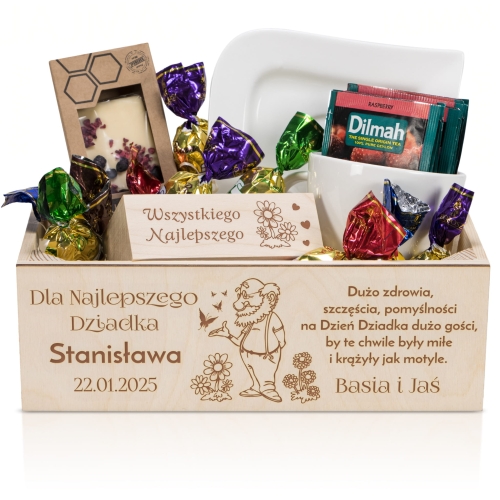 DREWNIANA SKRZYNECZKA zestaw upominkowy na Dzień Dziadka grawer