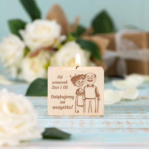 DREWNIANY  ŚWIECZNIK uroczy prezent na Dzień Babci i Dziadka