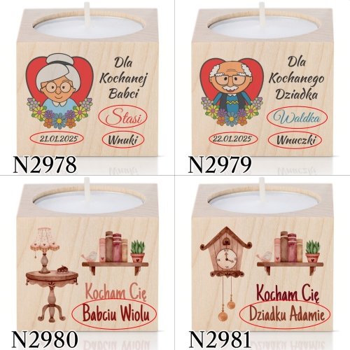 Drewniany świecznik na tealight upominek na DZIEŃ BABCI DZIADKA
