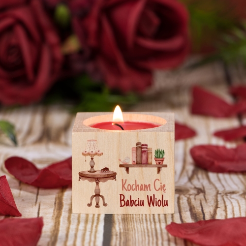 Drewniany świecznik na tealight upominek na DZIEŃ BABCI DZIADKA