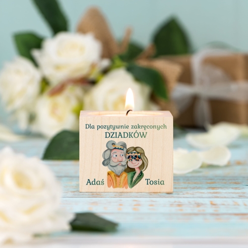 Drewniany świecznik na tealight upominek na DZIEŃ BABCI DZIADKA