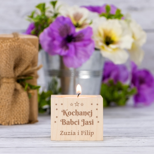 DREWNIANY  ŚWIECZNIK uroczy prezent na Dzień Babci i Dziadka