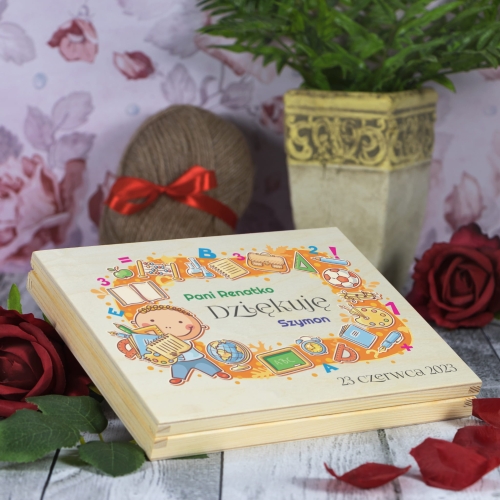 Drewniane pudełko PREZENT DLA NAUCZYCIELA nadruk