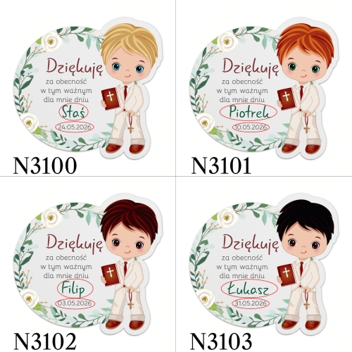 Biały magnes PODZIĘKOWANIA NA KOMUNIĘ DLA CHŁOPCA nadruk