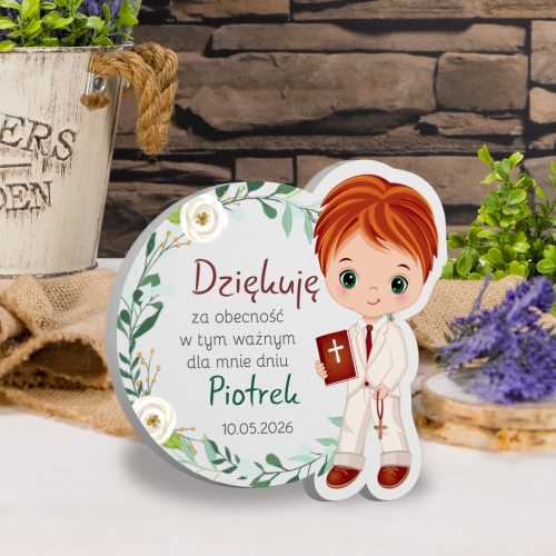 Biały magnes PODZIĘKOWANIA NA KOMUNIĘ DLA CHŁOPCA nadruk